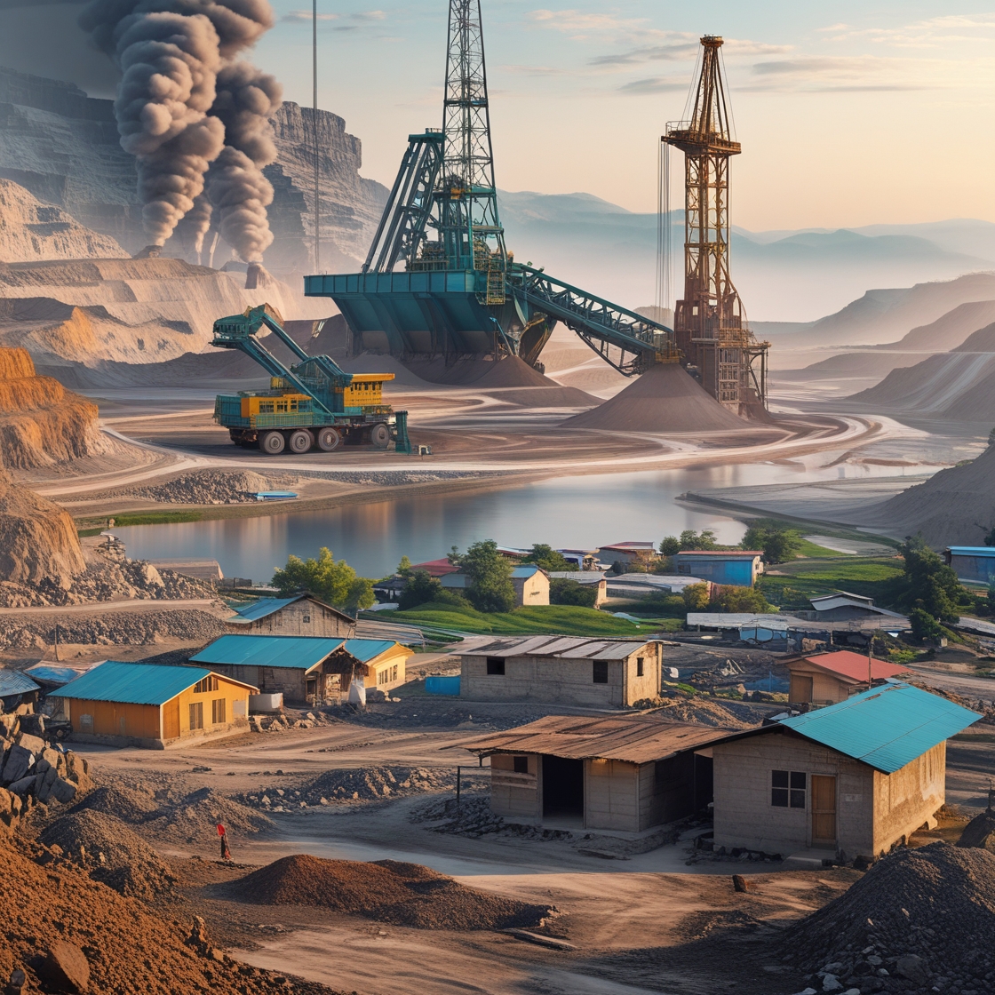 Ilustrasi wilayah tambang besar dengan alat berat dan area eksploitasi aktif, kontras dengan desa sekitar yang minim fasilitas dan ekonomi lesu. Gambar ini menggambarkan ketimpangan fiskal dan rendahnya PAD di daerah kaya sumber daya.