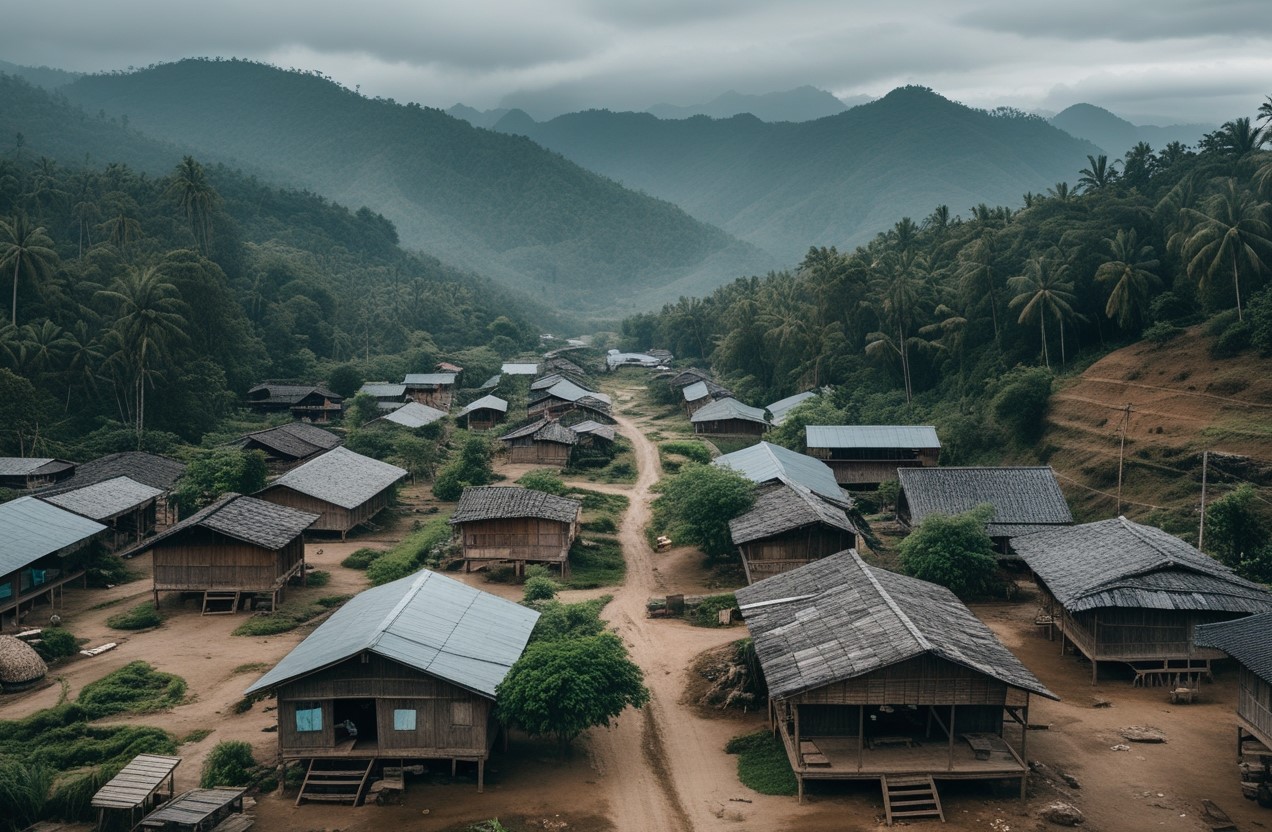 Desa perbatasan Indonesia yang tertinggal dari pembangunan, tampak dari udara