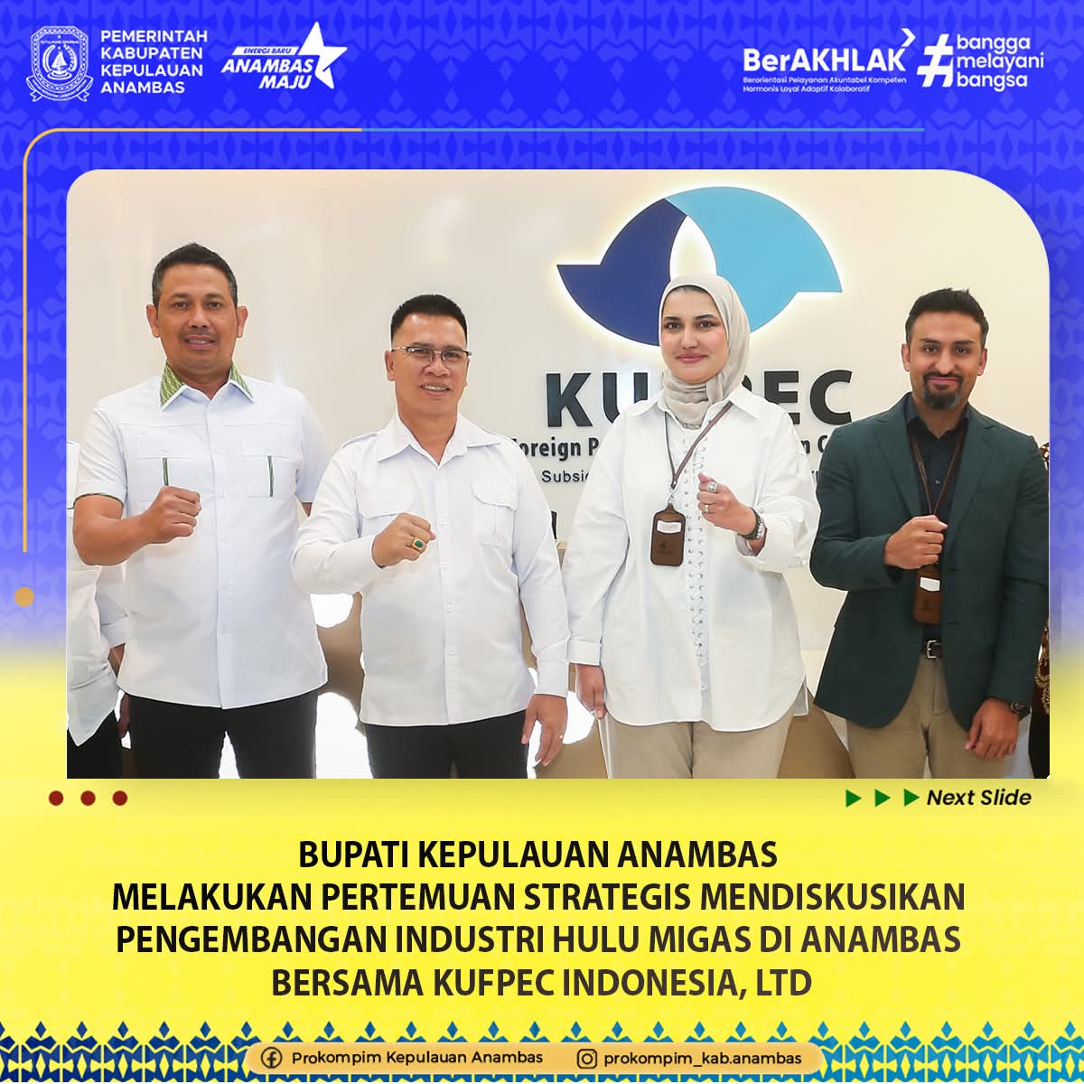 Bupati Kepulauan Anambas Aneng bersama manajemen Kufpec Indonesia Ltd membahas pengembangan industri hulu migas