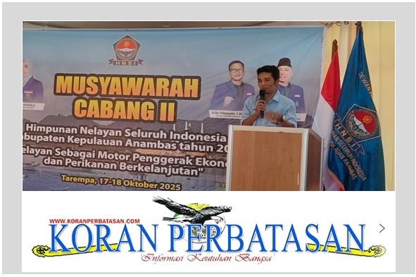 Dedi Syafutra, Ketua HNSI Kabupaten Kepulauan Anambas, menyampaikan sambutan dalam Musyawarah Cabang II HNSI Anambas Tahun 2025.